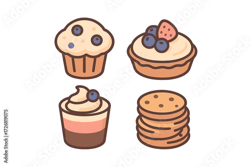 Colorful collection of baked desserts including cupcakes and cookies arranged in a playful design