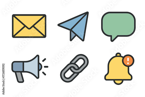 Communication icons showcasing email, messaging, sharing, and notifications in a simple design