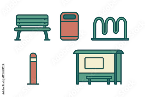 City park scene with bench, trash can, bike rack, and bus stop for community activities and public transportation