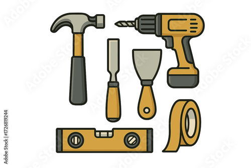 Various tools including a hammer, drill, and level arranged on a white background for home improvement projects and handyman activities