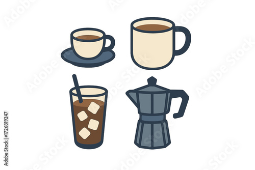 Various coffee cups and a coffee maker showing different coffee styles for morning enjoyment