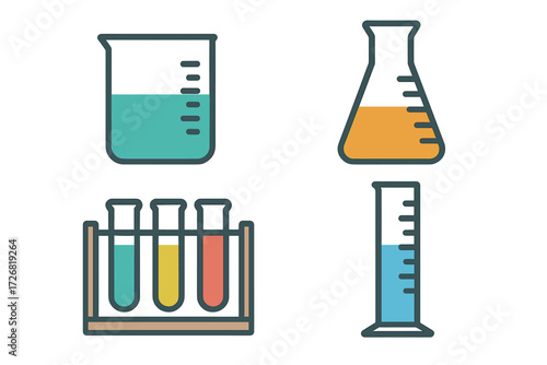 Colorful laboratory glassware including beakers, flasks, and test tubes used for experiments and research