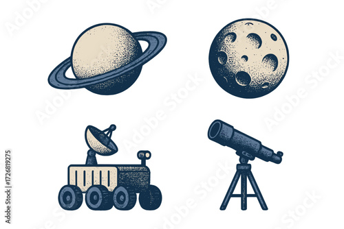 Space exploration elements including planets, moon, rover, and telescope design