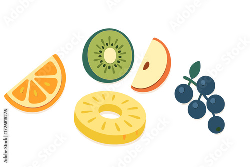 Colorful fruit pieces arranged on a white background showcasing fresh options for a healthy snack