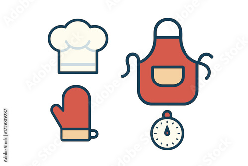 Kitchen essentials for aspiring chefs including chef hat, apron, oven mitt, and timer