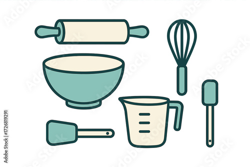 Kitchen utensils for baking and cooking displayed on a clean background with a simple design