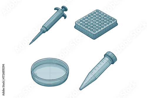 Laboratory equipment including pipette, microplate, petri dish, and centrifuge tube on a white background