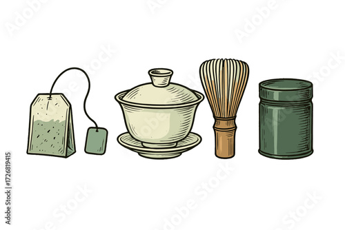 Tea preparation tools including a teabag, bowl, whisk, and storage container in a simple design