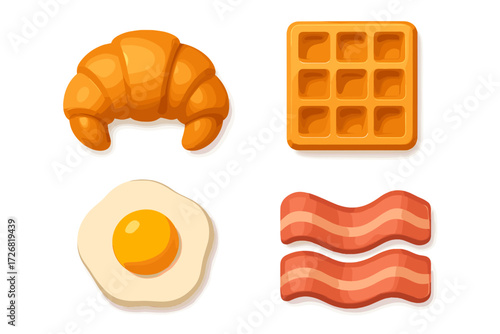 Breakfast spread featuring croissant, waffle, fried egg, and crispy bacon on a simple white background