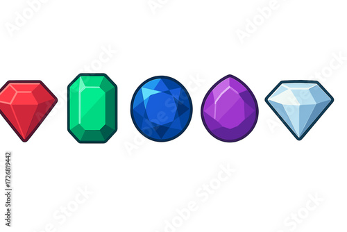 Colorful collection of gemstones including red, green, blue, purple, and clear shapes arranged neatly in a row