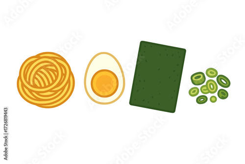 Noodle, egg, seaweed, and garnish arranged for a simple yet delicious meal preparation