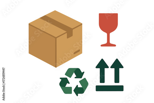 Cardboard box with recycling graphics and fragile symbol representing safe packaging practices