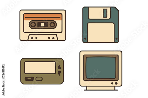 Classic technology icons highlighting cassette tapes, floppy disks, handheld devices, and old computer monitors from the retro era of electronics
