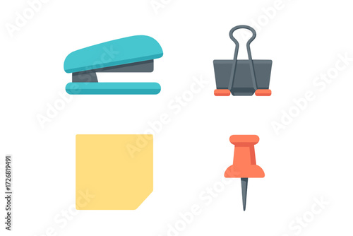Various office supplies arranged on a clean surface showing a stapler, binder clip, sticky note and push pin in bright colors