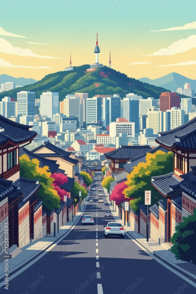 Obraz premium Vibrant Seoul street scene featuring traditional architecture and modern skyline, conveying a sense of culture and progress in a bustling Asian city