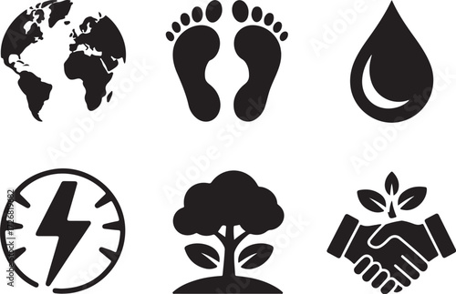 Eco icons: Earth, footprint, water, energy, tree, handshake
