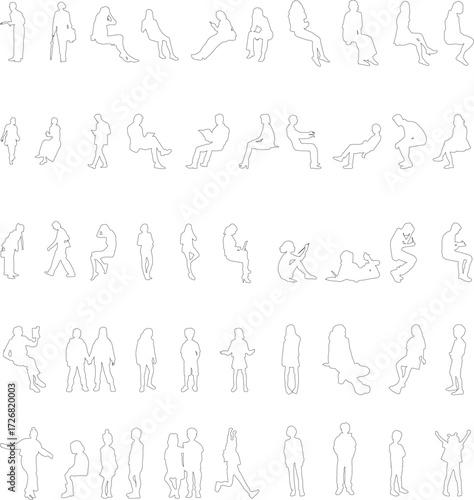 Big set of vector or png silhouettes of people in various poses, including sitting, leaning, walking, running, and engaging in daily activities. Perfect for use in architectural designs.line art style