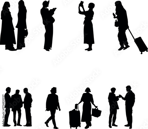 Vector collection of black silhouettes of men and women in everyday travel and city scenes. Perfect for urban illustration,airport graphics, wayfinding design, advertising, infographics, creative.
