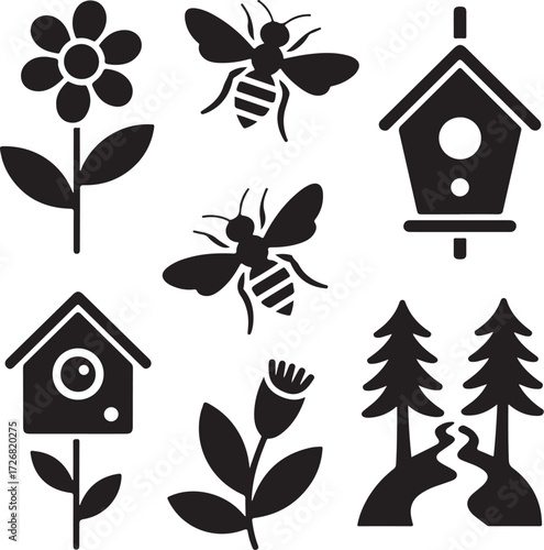 Nature's charm buzzing bees flowers birdhouses trees