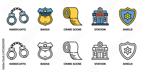 law enforcement icon set with handcuffs, badge, crime scene tape, station and shield symbols, vector illustrations for police and security services