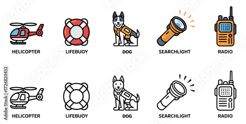 search and rescue icon set with helicopter, lifebuoy, dog, searchlight and radio symbols, vector illustrations for emergency and disaster response