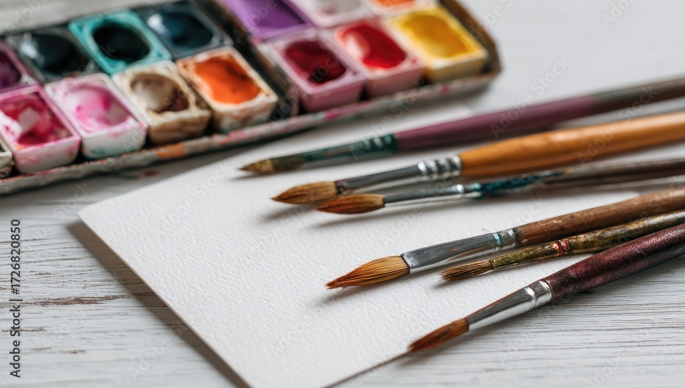 Obraz premium Watercolor paints and brushes on a white wooden surface