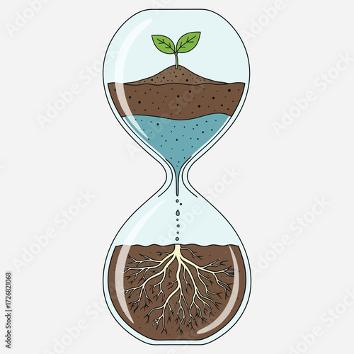 Conceptual illustration of a plant growing in an hourglass, symbolizing the connection between time, nature, and life's development
