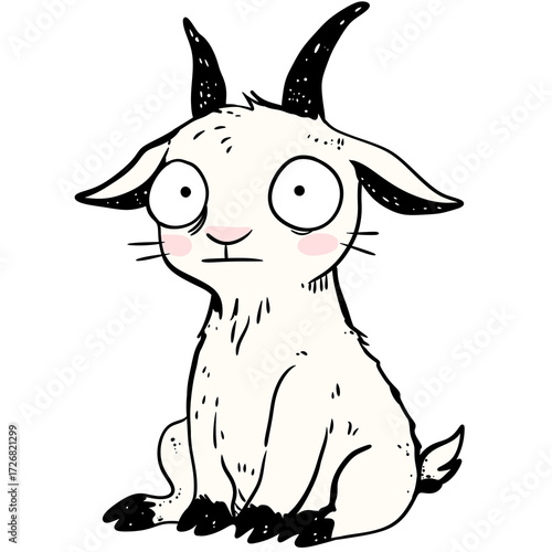 Goat sitting with wide eyes. Cute animal illustration on transparent background for kid book design.