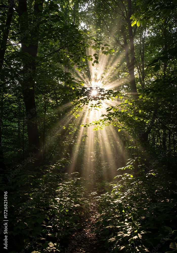 Obraz premium Sunlight Rays Piercing Through Green Forest Canopy in Natural Setting