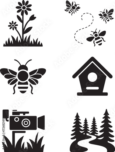 Nature icons: bees, flowers, trees, camera, birdhouse