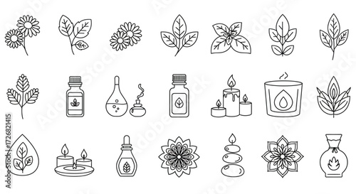 Collection of spa and wellness icons featuring flowers leaves and essential oils in line art style