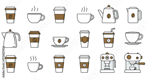 Assorted coffee related icons including cups, mugs, pots, and machines on a light gray background