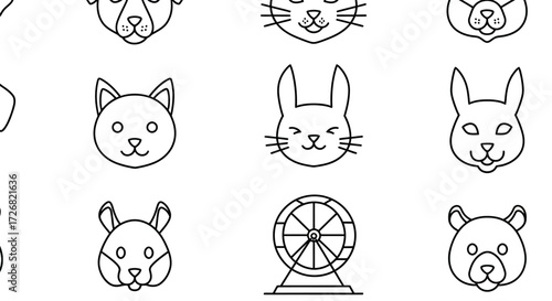 Line art illustration of various pet animals and a hamster wheel on a white background
