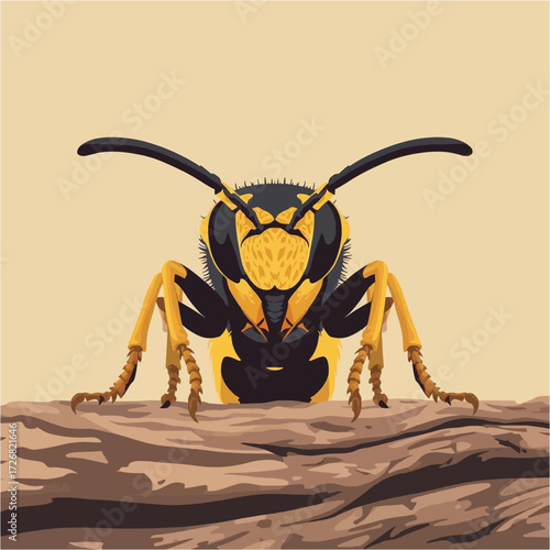 Natural closeup on a threatening colorful Sand Tailed Digger Wasp Cerceris arenaria on wood