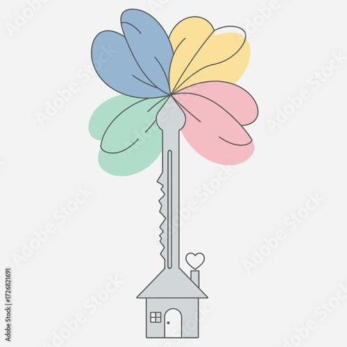 Whimsical illustration of a key evolving into a vibrant, heart-petal flower, with a cozy house at its base, representing dreams, home, and happiness