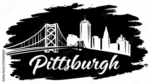 Black and white pittsburgh skyline vector art suitable for travel brochures, postcards, city guides, websites, and infographics.