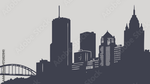 Pittsburgh skyline vector with iconic bridge in striking silhouette, perfect for citythemed designs, postcards, posters, travel brochures, and websites.