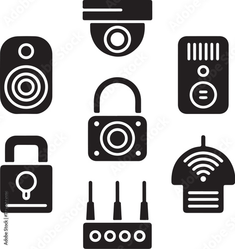 Smart home security icons: camera, lock, router, speaker