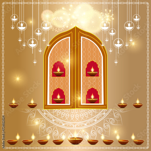 Happy Diwali. Paper Graphic of Indian Rangoli. Rangoli - A traditional Indian art of decorating the entrance to a house. Diwali festival holiday design with paper cut style of Indian Rangoli.	