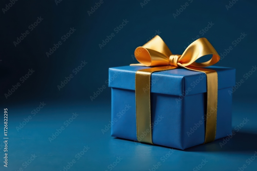 Obraz premium Sophisticated blue gift box with golden bow, copy space Dark blue backdrop , festive, occasion