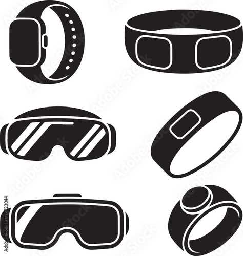 Wearable tech icons: smartwatches, fitness trackers, VR headsets