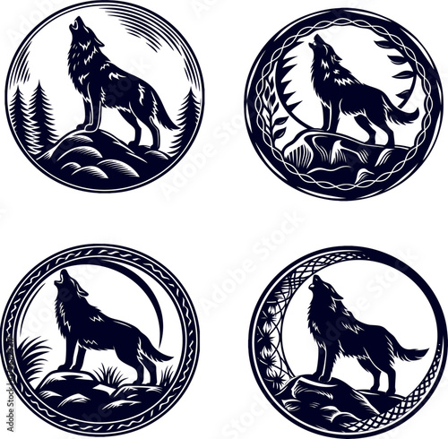 Multiple style howling wolf vector pack, ideal for outdoor lifestyle designs, wildlife illustrations, and tattoo art.
