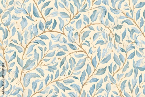 Serene watercolor botanical pattern with delicate blue leaves and branches on a soft cream background creating a peaceful, natural ambiance