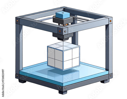 3D Printer Device Icon in Flat Minimal Style with Cube Model, isolated on transparent background