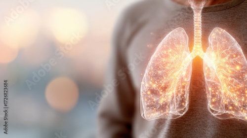 Person with Digital Overlay of Lungs and Trachea