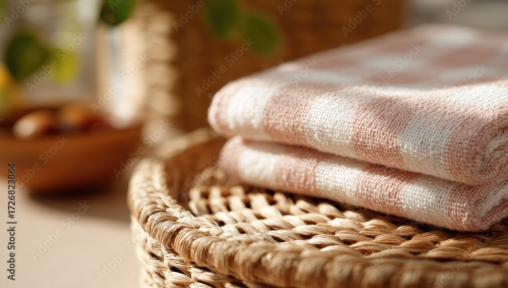 Obraz premium Stacked, pink-and-white checkered towels on a woven tray, sunlight