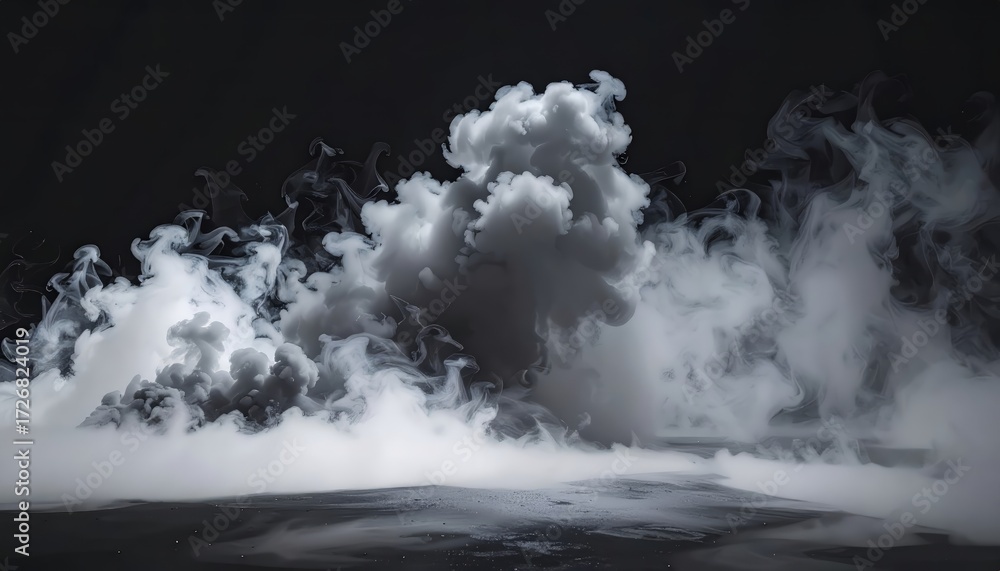 Fototapeta premium Thick smoke cloud, dark background, dramatic fog effect