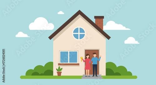 A symbolic Flat Design illustration depicting the joyful moment of receiving or presenting new house keys, representing the achievement of simple home ownership. This minimalist image conveys a sense 