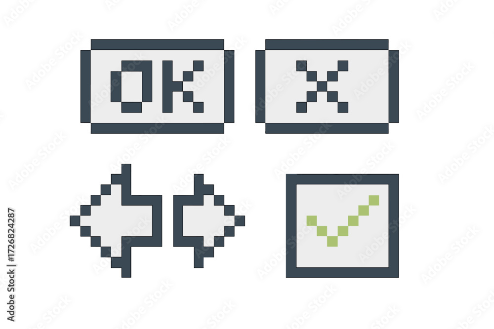 Obraz premium Pixel art buttons for digital interface displaying OK, X, left-right arrows, and check mark