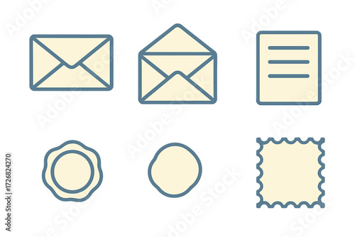 Collection of simple icons representing postal items and stationery elements